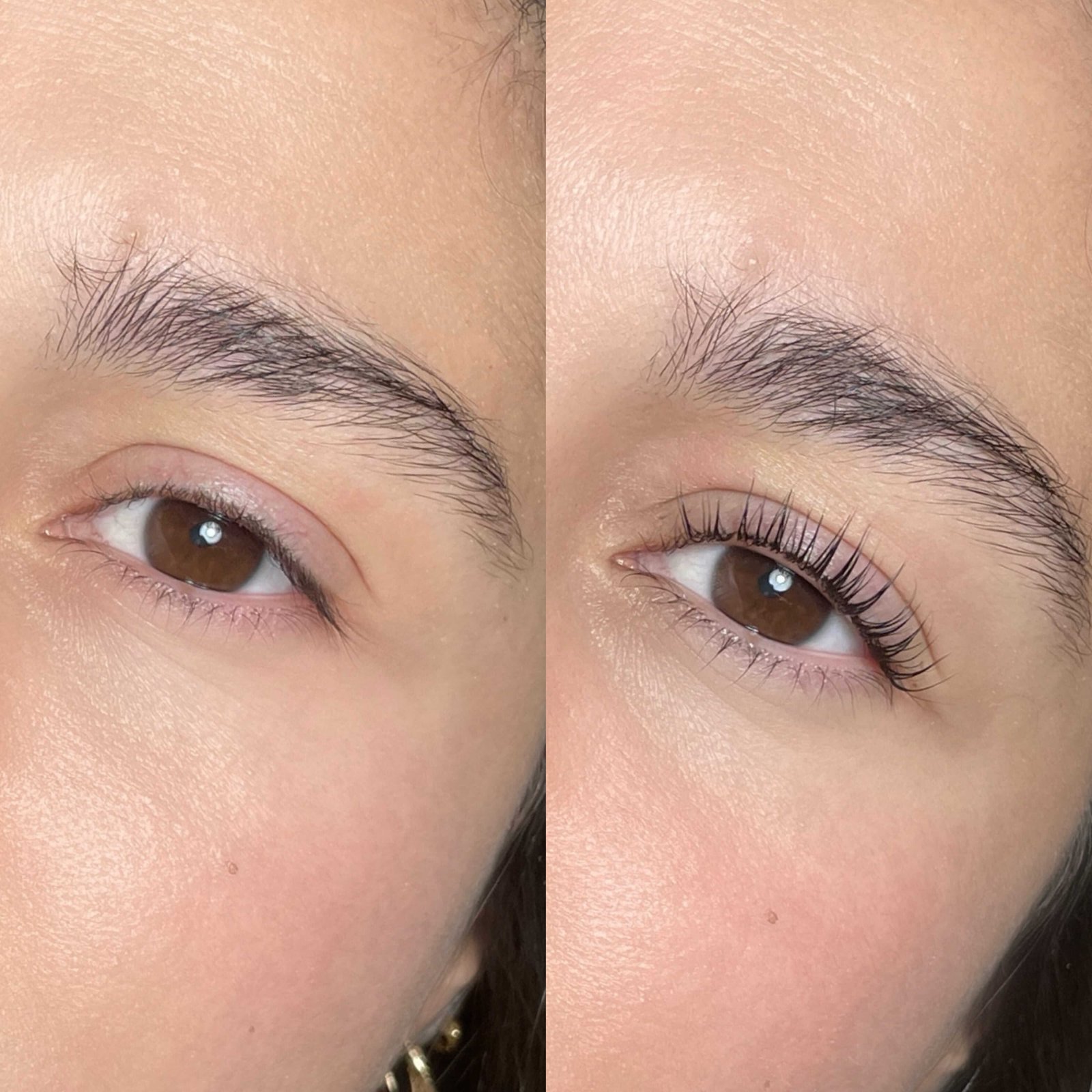 Extensions de cils volume russe avant et après sur yeux marron