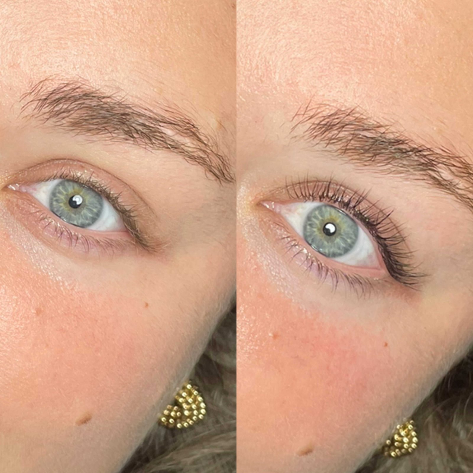Extensions de cils volume naturel avant et après sur yeux bleus verts