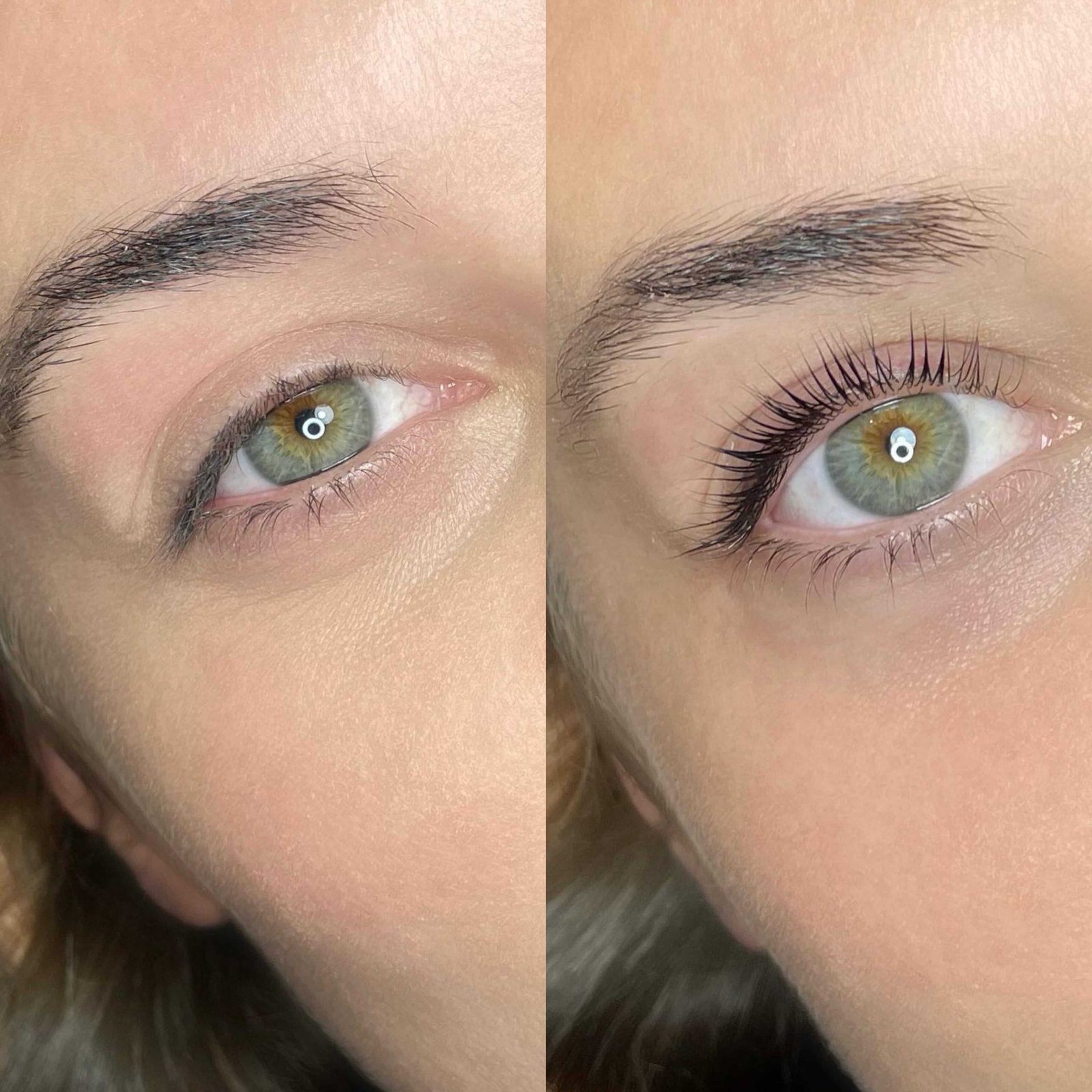Extensions de cils volume russe avant et après sur yeux verts noisette