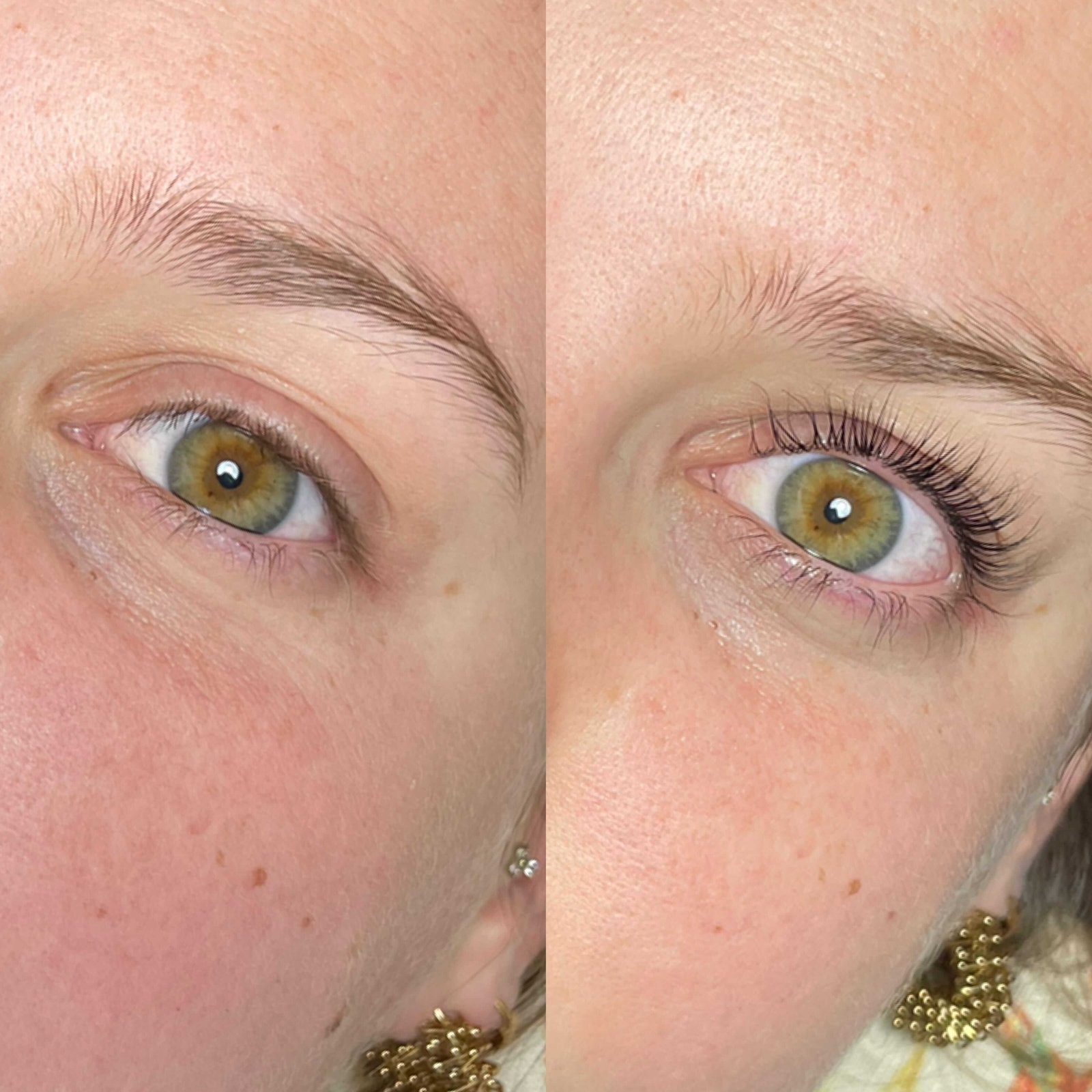 Extensions de cils volume naturel avant et après sur yeux verts noisette