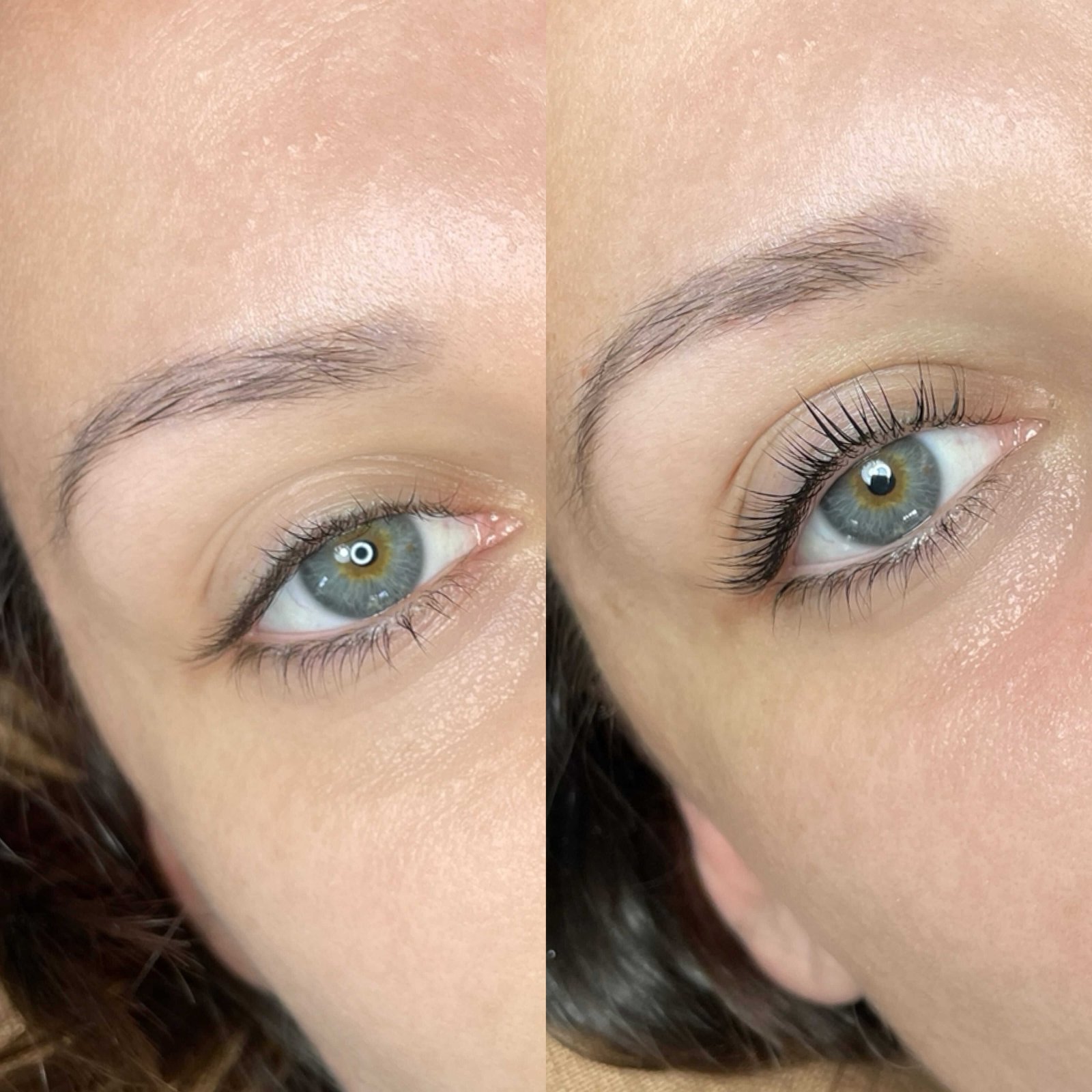 Extensions de cils volume naturel avant et après sur yeux bleus verts