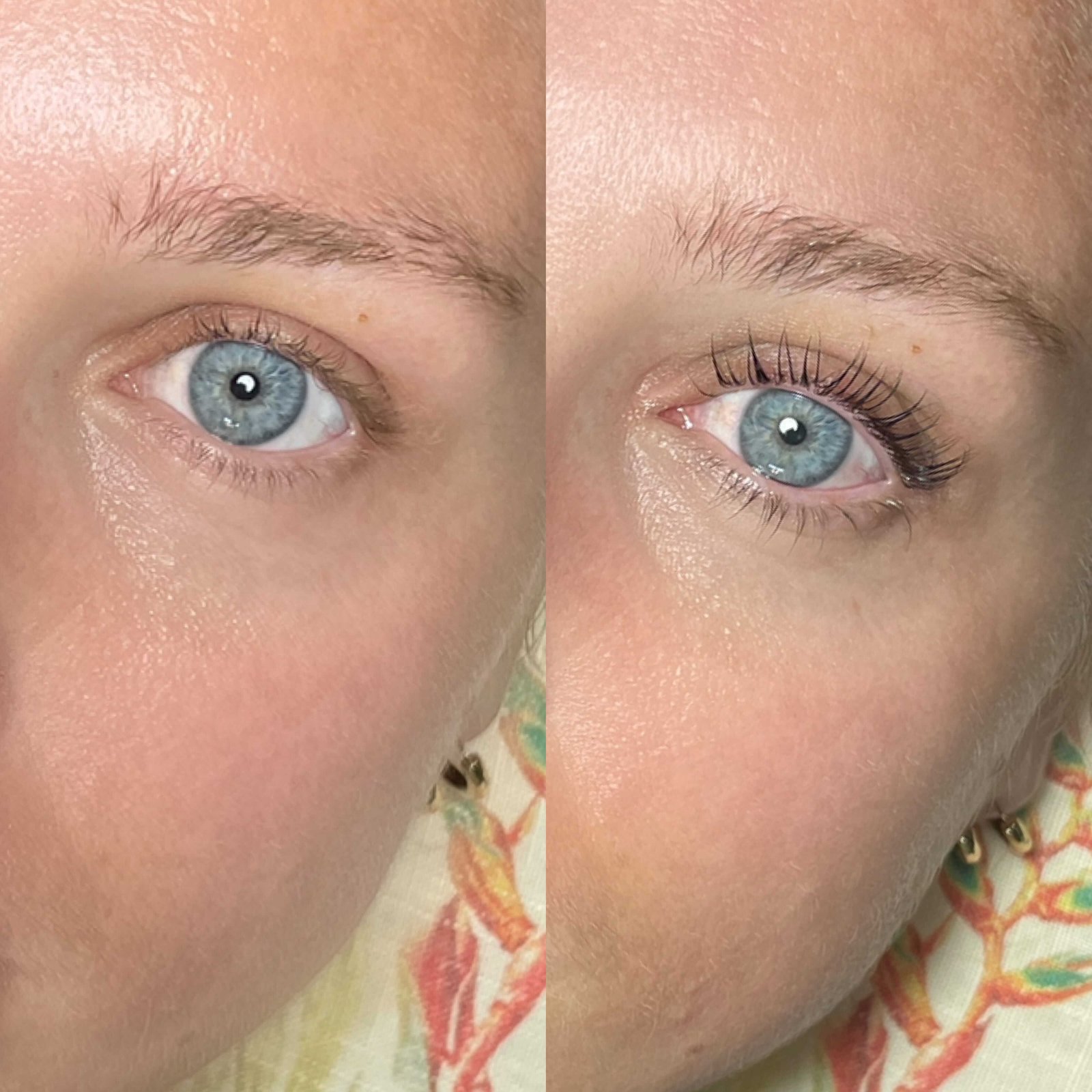 Extensions de cils volume naturel avant et après sur yeux bleus