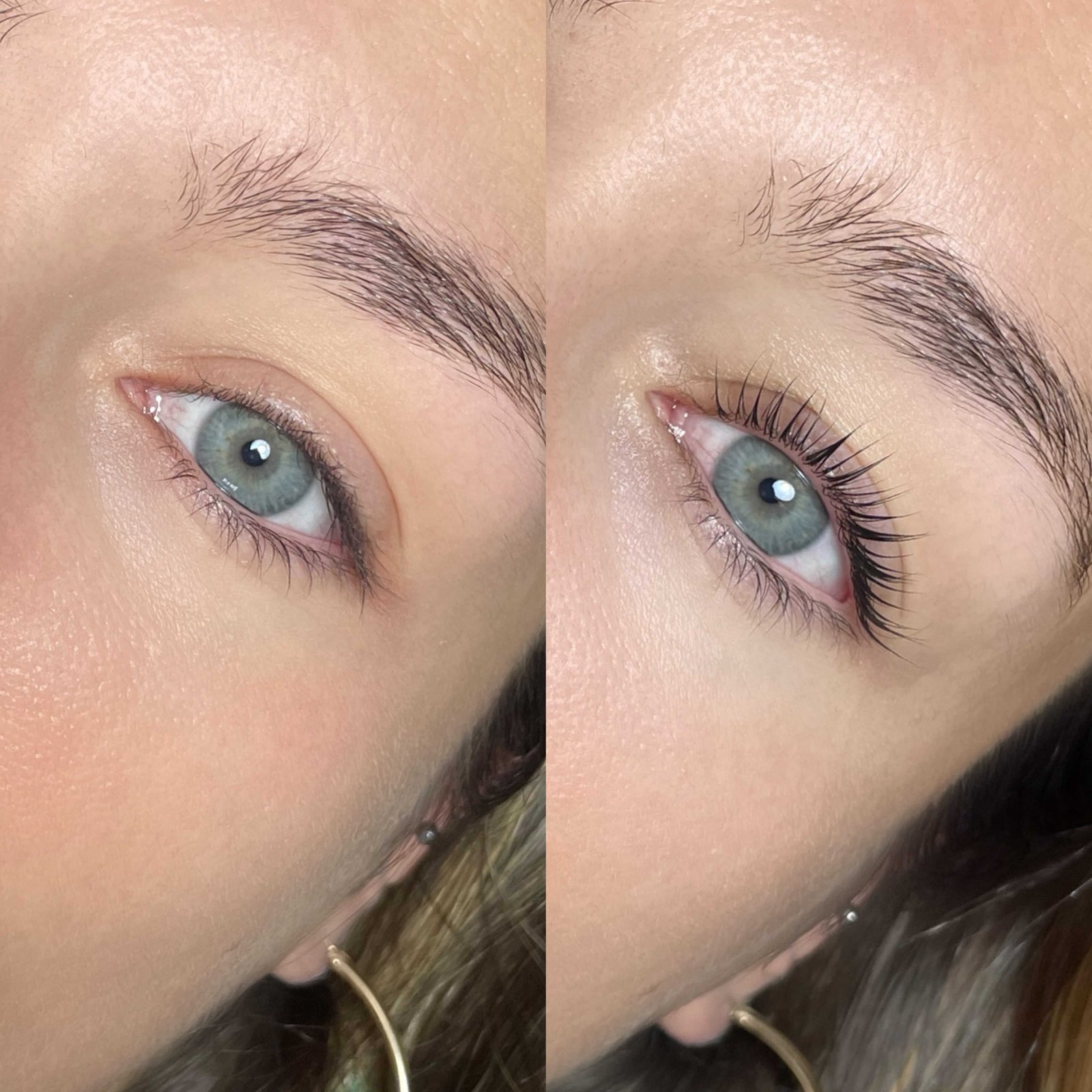 Extensions de cils volume russe avant et après sur yeux bleus verts